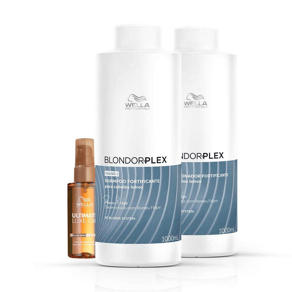 Wella Professionals Kit Blondorplex Luxe Oil Trio Salão Shampoo 1000ml Condicionador 1000ml Óleo 100ml